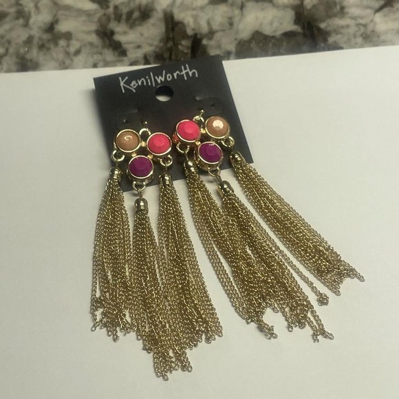 NWT Kenilworth Pierced Dangle Earrings Chain / Pink / Gold Tone - Nice Gift - Picture 3 of 8